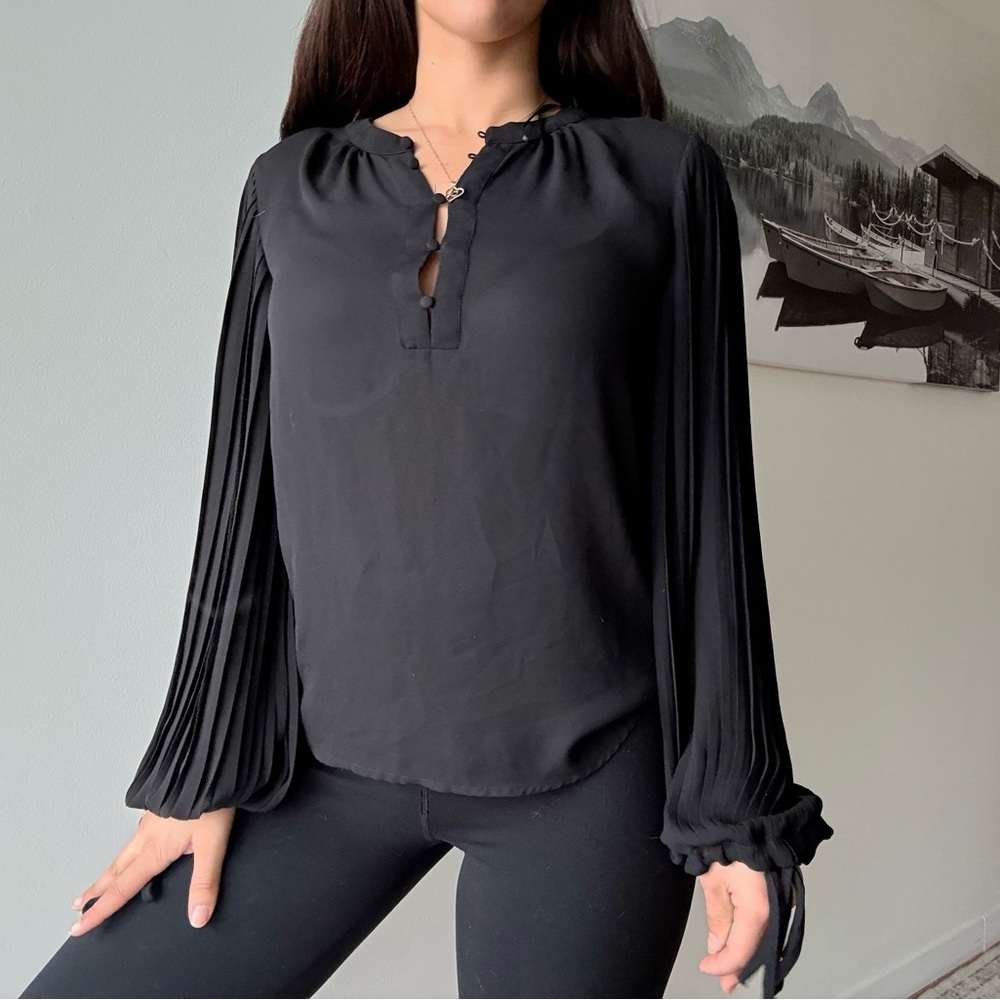 Black Pleated Sleeve Blouse – Minimalist Goth Preppy Top